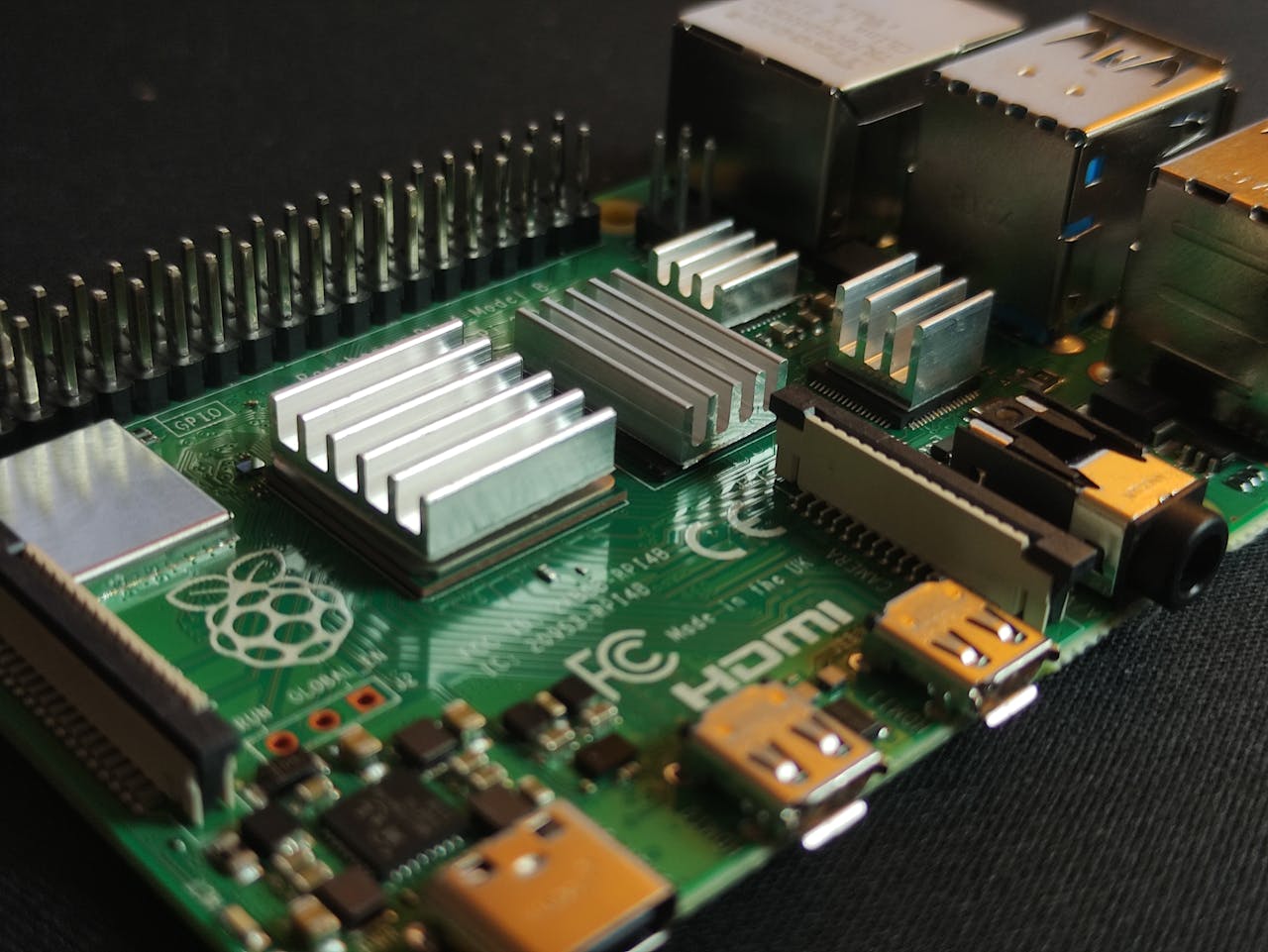 Detailed view of a Raspberry Pi circuit board with visible components and connections.